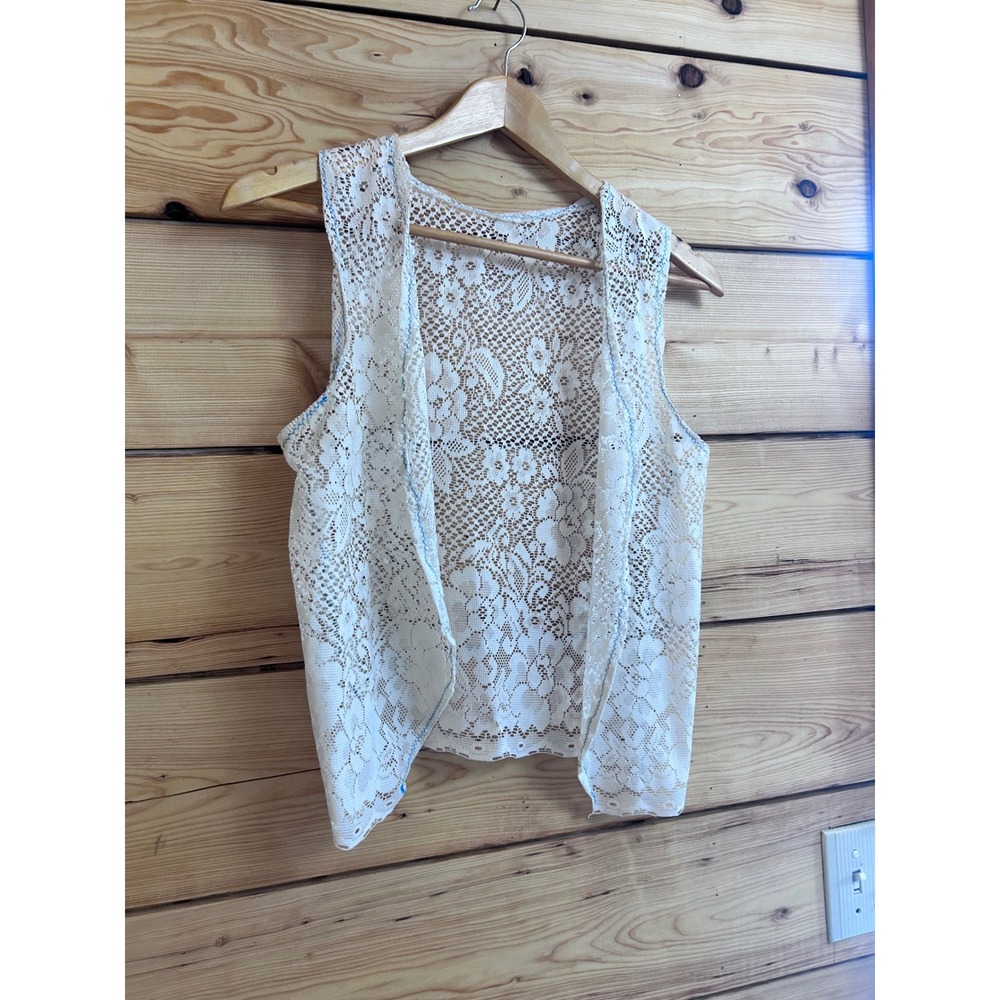 Vintage White Floral‎ Lace Vest Open Front Boho Sleeveless Layering Top Cropped
